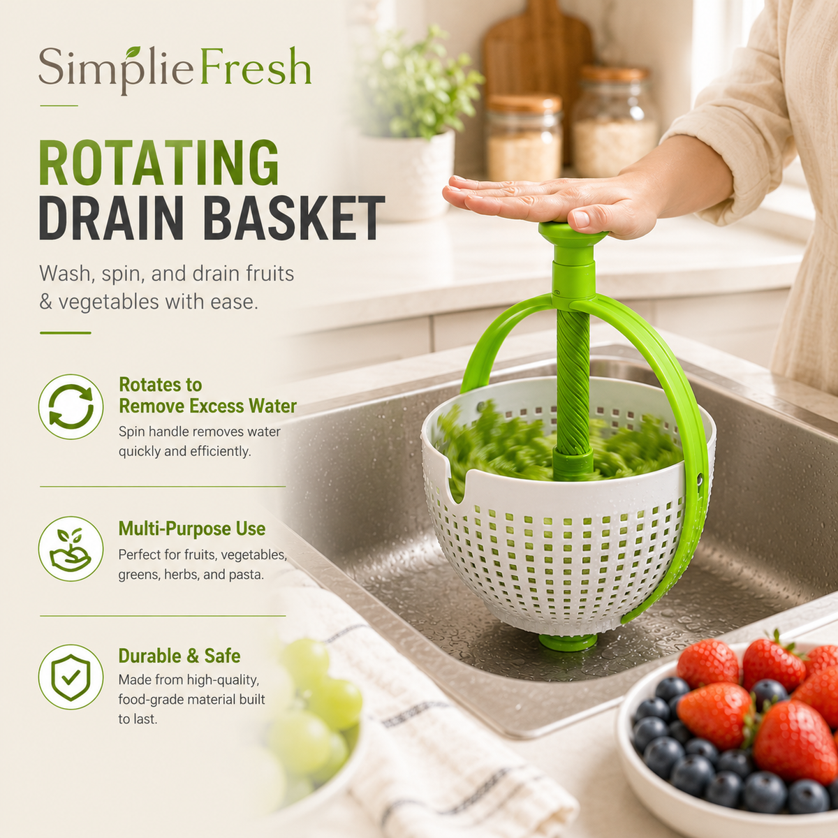 SimplieFresh™ Rotating Drain Basket | Fruit & Vegetable Spinner
