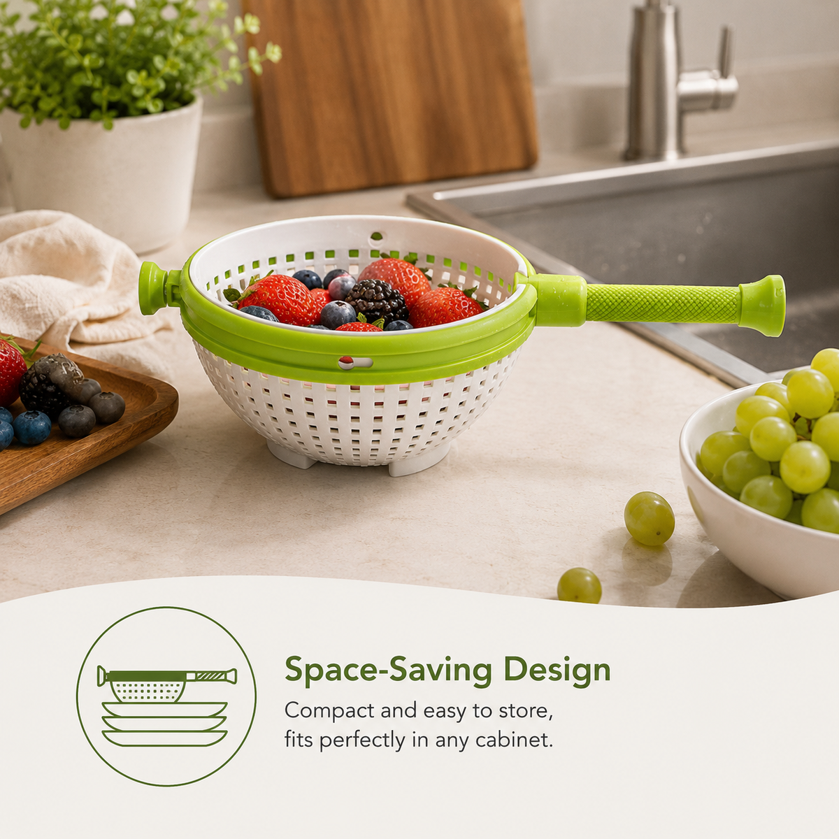 SimplieFresh™ Rotating Drain Basket | Fruit & Vegetable Spinner